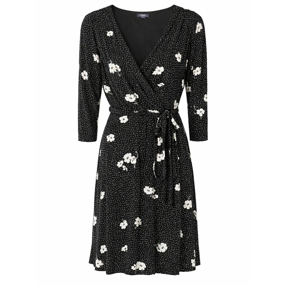 Chaps Black Floral Wrap Dress Polka Dot Tie Waist Womens Medium